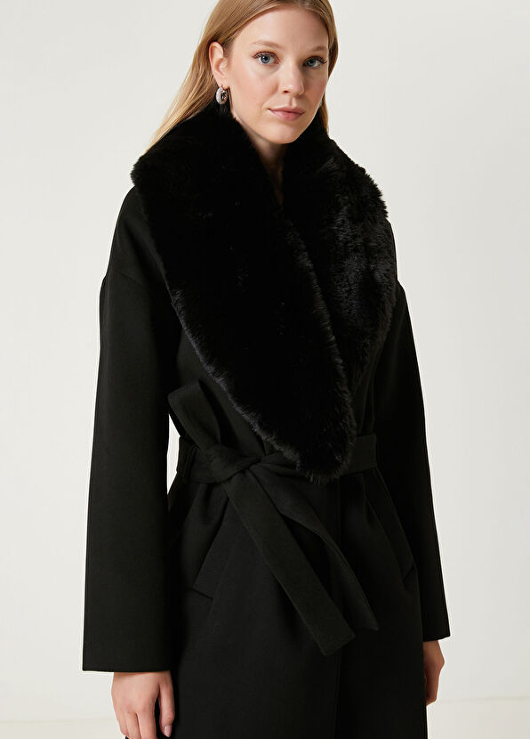Beymen Club Siyah Yakası Suni Kürklü Kruvaze Kaşe Palto - 2
