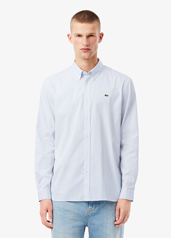 Lacoste Çizgili Beyaz Regular Fit Uzun Kollu Erkek Gömlek - 1