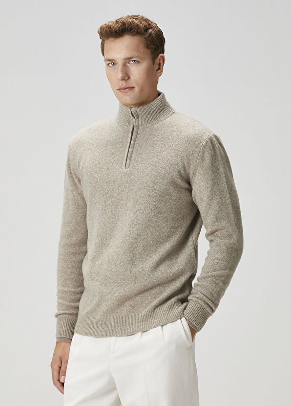 120% Lino Beige Collar Zipper Cashmere Sweater - 1