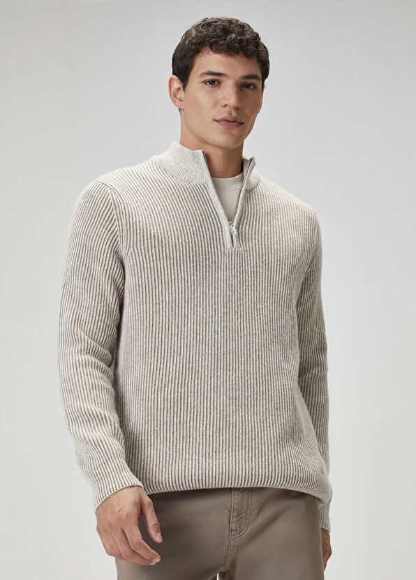 Beymen Club Bej Vizon Yakası Fermuarlı Kazak - 2