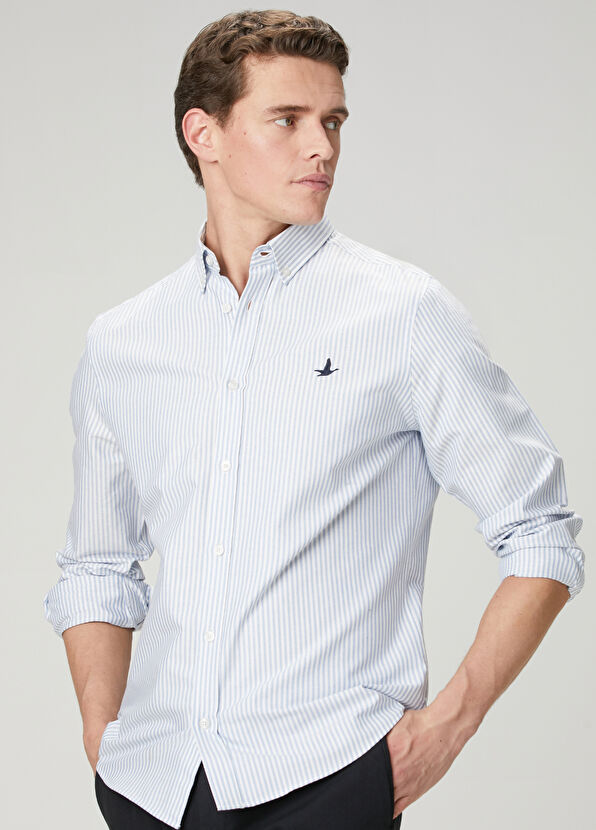 Beymen Club Comfort Fit Blue White Stripe Patterned Oxford Shi - 2
