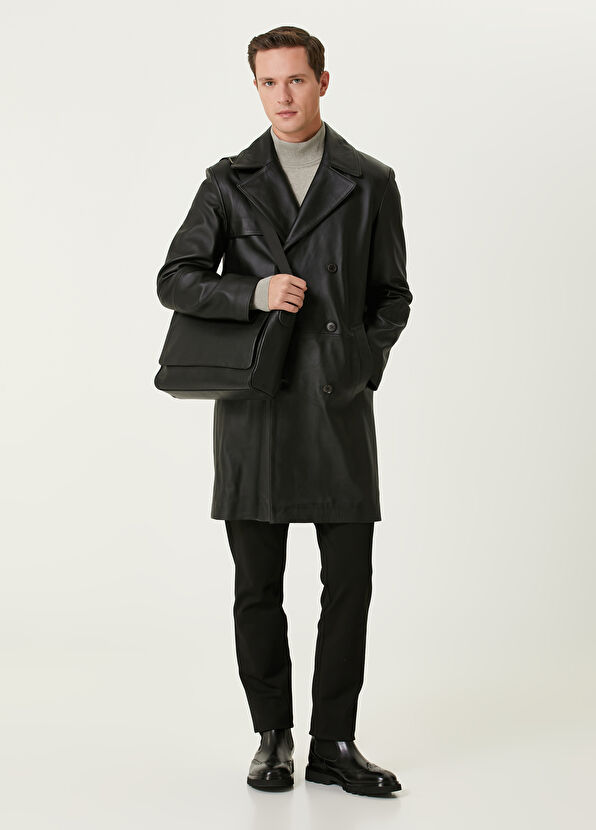 Beymen Club Black Double-Breasted Leather Overcoat - 2
