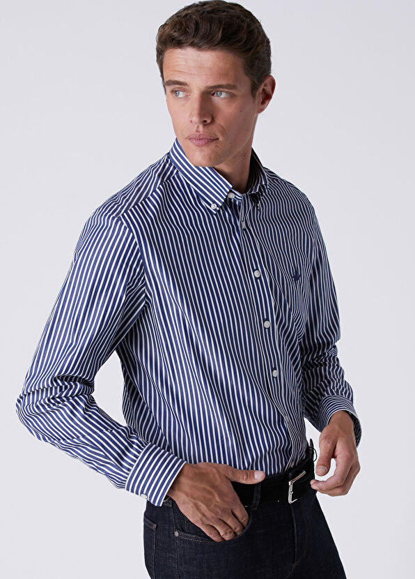 Beymen Club Comfort Fit Navy Blue White Striped Poplin Shirt - 2