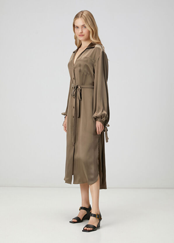 Beymen Club Khaki Midi Silk Satin Dress - 3