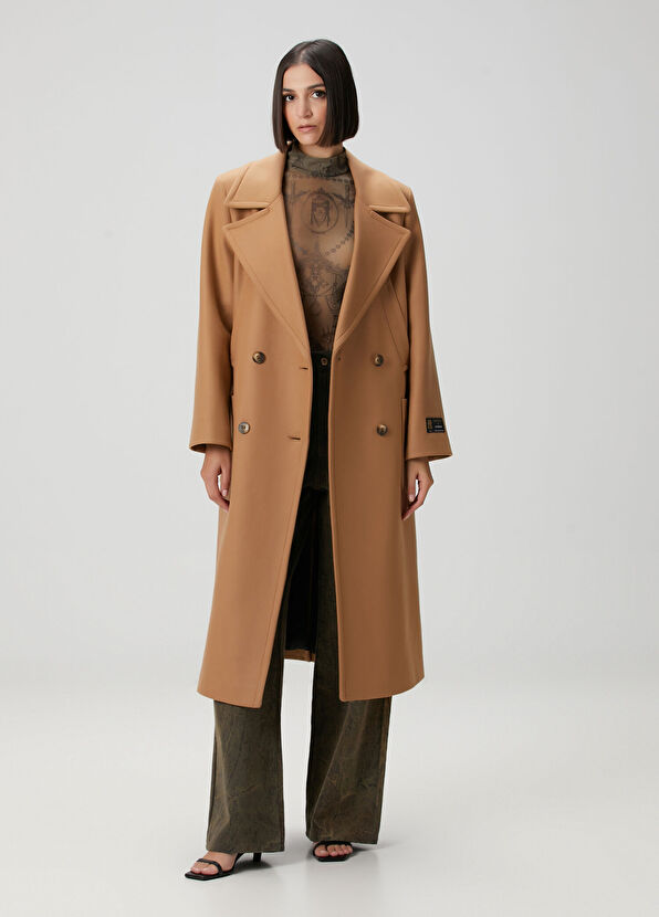 Camel Kruvaze Yün Palto - Görsel 2