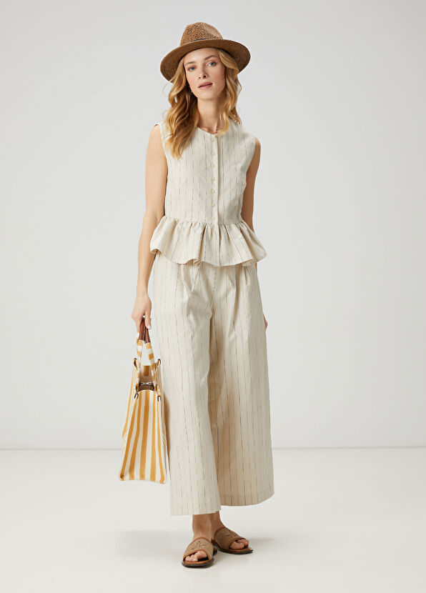 Beymen Club Ekru Beli Kordonlu Çizgi Desenli Pantolon - 1