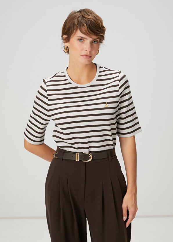 Beymen Club Kahverengi Çizgili Basic T-shirt - 1