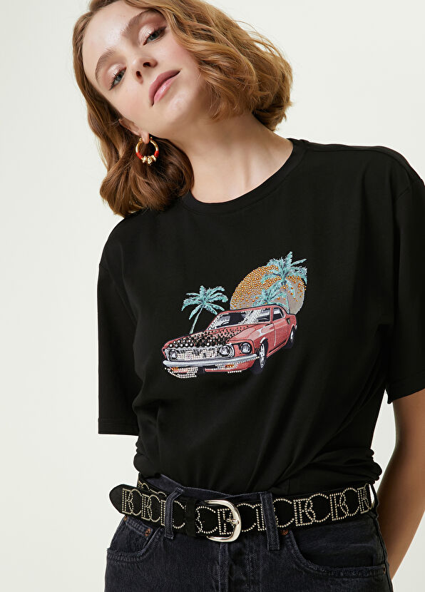 Beymen Club Black Crew Neck Rhinestone Printed T-shirt - 2