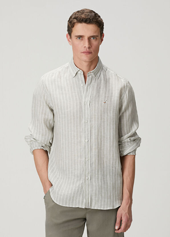 Beymen Club Comfort Fit Green Line Patterned Linen Shirt - 1