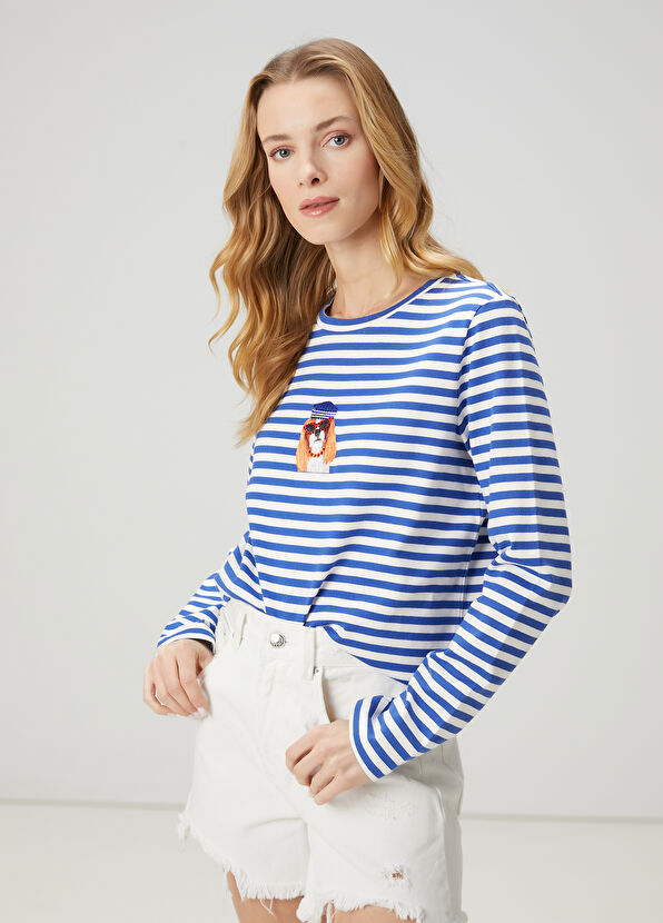 Beymen Club Mavi Çizgili Köpek Baskılı Sweatshirt - 1