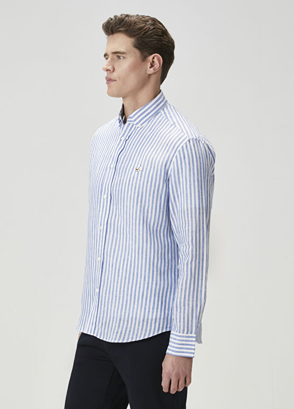 Beymen Club Comfort Fit Mavi Çizgi Desenli Keten Gömlek - 4