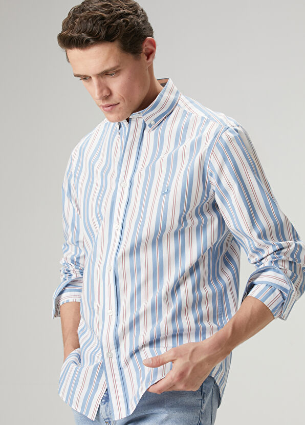 Beymen Club Comfort Fit Blue White Stripe Patterned Shirt - 4