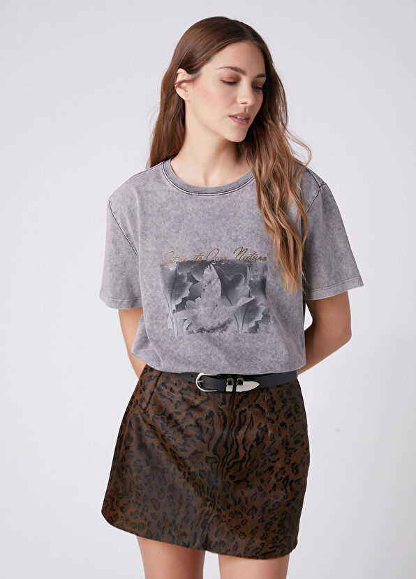 Beymen Club Gri Baskılı Asit Yıkamalı T-shirt - 1