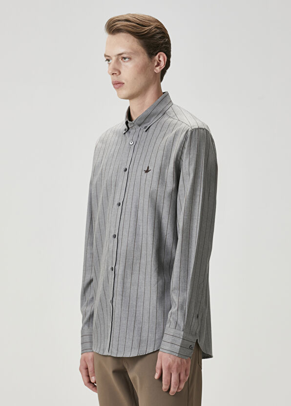 Beymen Club Comfort Fit Kahverengi Gri Çizgili Gömlek - 4