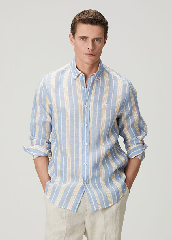 Beymen Club Comfort Fit Blue Stripe Patterned Linen Shirt - 1