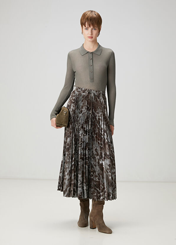 Beymen Club Kahverengi Desenli Pileli Midi Etek - 2