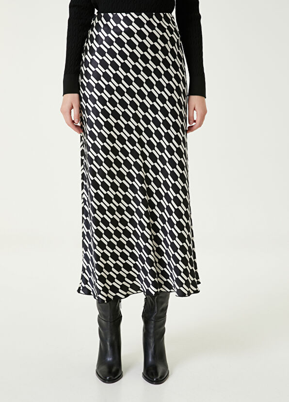 Beymen Club Siyah Desenli Midi Saten Evaze Etek - 2