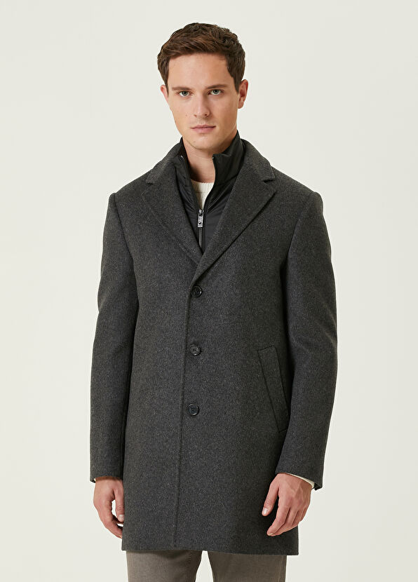 Beymen Club Grey Melange Wool Coat with Inner Collar Detail - 1