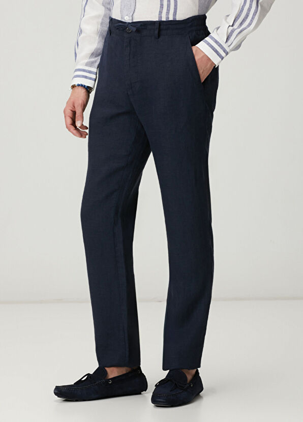 Beymen Club Lacivert Beli Kordonlu Keten Pantolon - 2
