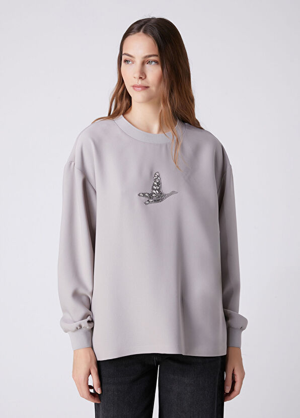 Beymen Club Grey Embroidered Logo Crepe Blouse - 4