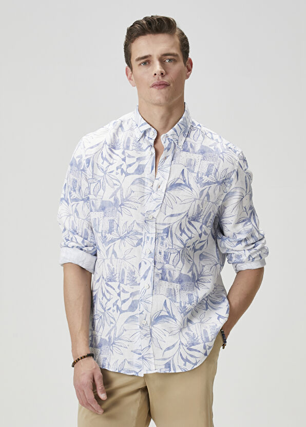 Beymen Club Comfort Fit Mavi Beyaz Çiçek Desenli Keten Gömlek - 1