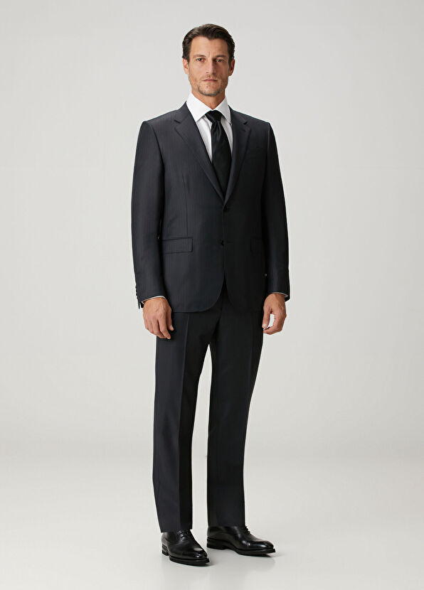 Lacivert Çizgi Desenli Yün Takım Elbise - Görsel 4