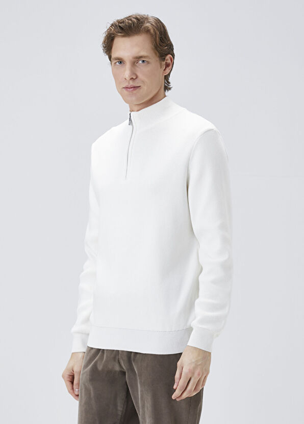 Ekru Yakası Fermuarlı Kazak - Görsel 3