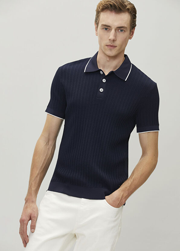 Beymen Club Lacivert Polo Yaka Waffle Örgülü Kısa Kollu Triko - 2