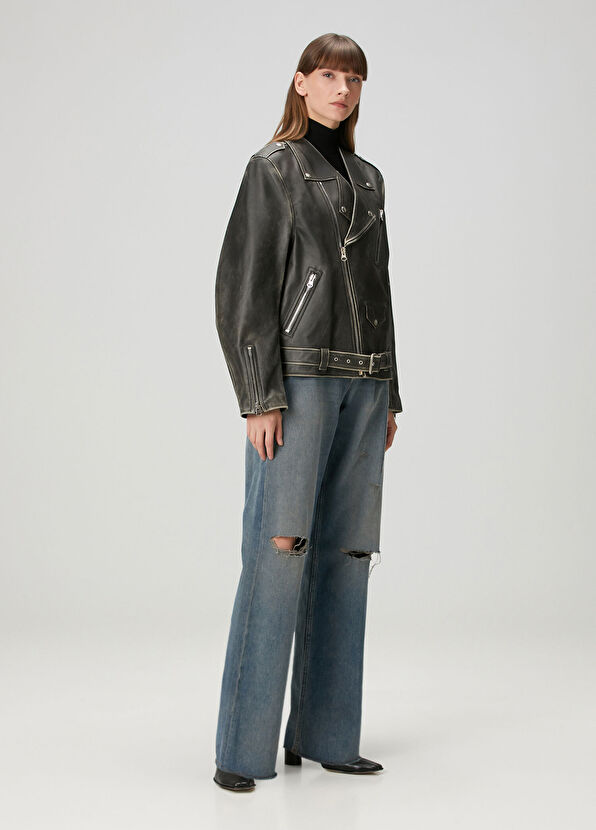 MM6 Maison Margiela Dark Brown Leather Jacket - 2