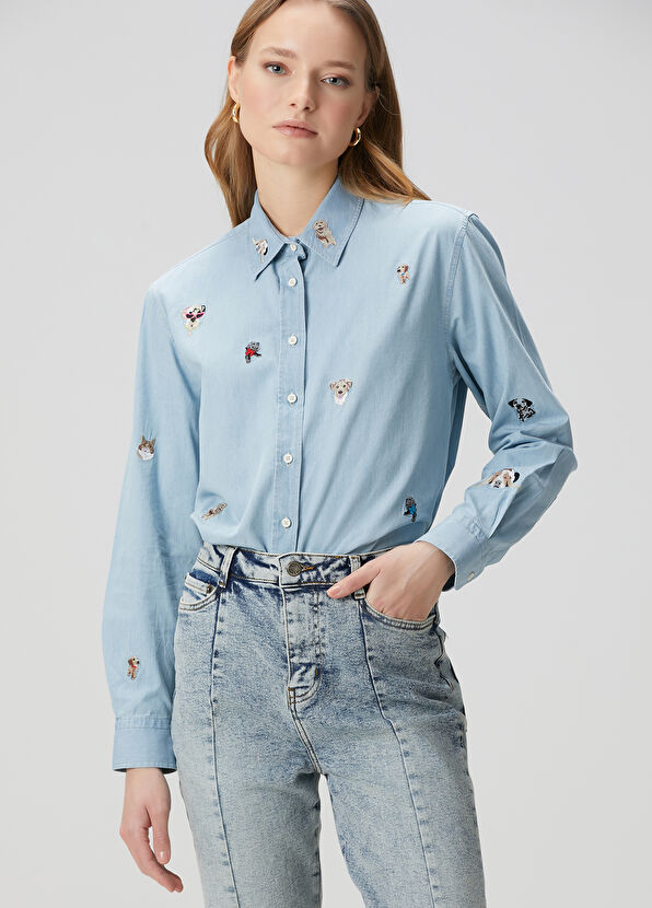 Beymen Club Mavi Köpek Nakışlı Denim Gömlek - 1