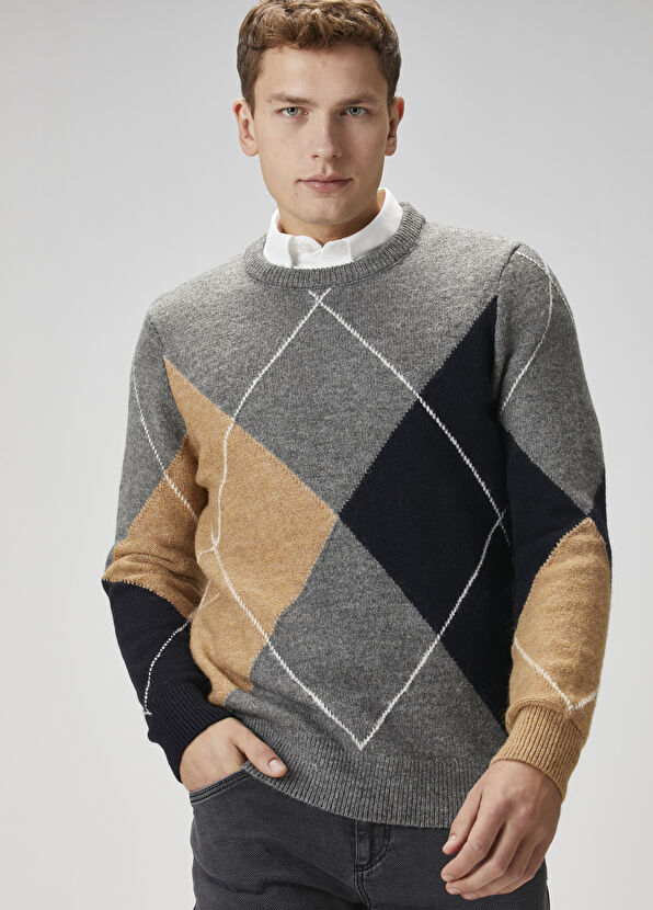 Beymen Club Grey Diamond Pattern Jacquard Sweater - 2