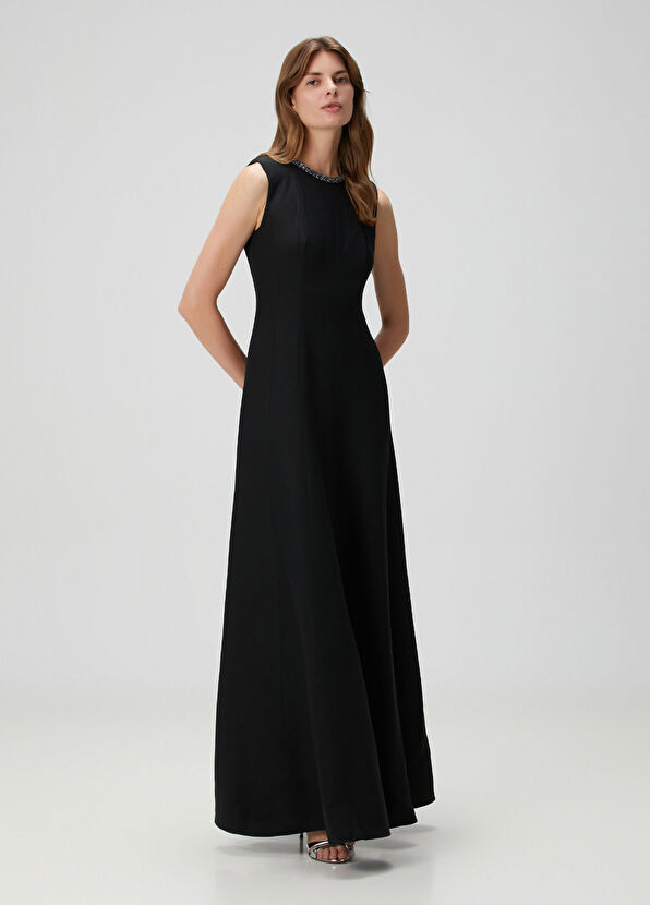 Roland Mouret Black Embellished Maxi Wool Evening Dress - 2