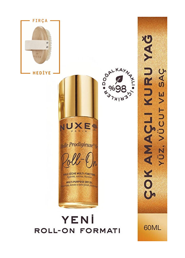 Nuxe Gold Glitter Roll-on Dry Oil 60 ml + Body Massage Brush for Face, Body and Hair - 2