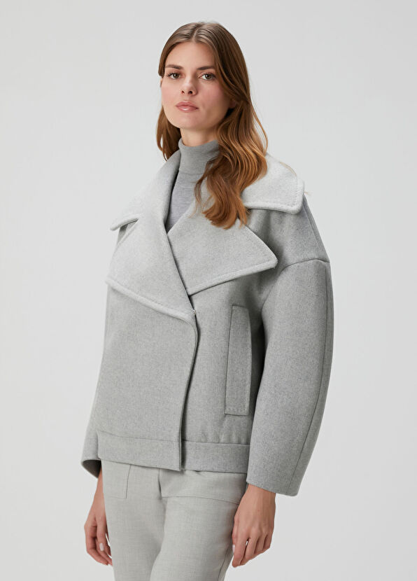 Gri Crop Yün Kaban - Görsel 2