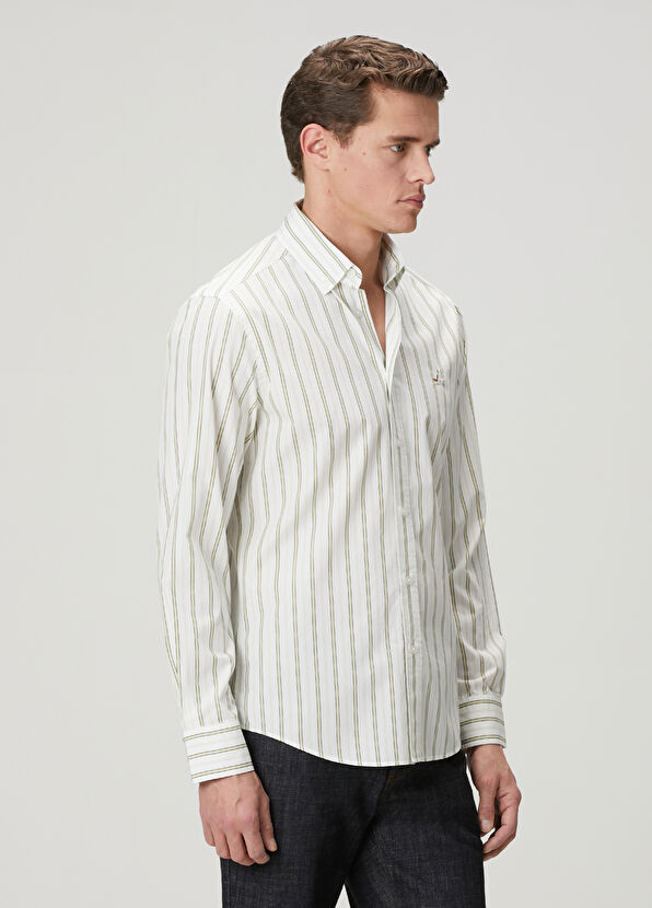 Beymen Club Beyaz Yeşil Çizgili Comfort Fit Pamuklu Gömlek - 4