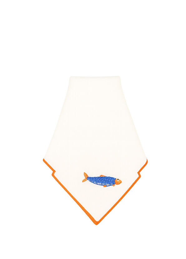 Mariaida Home Blue Sardine Embroidered White Linen Serving Napkin - 1