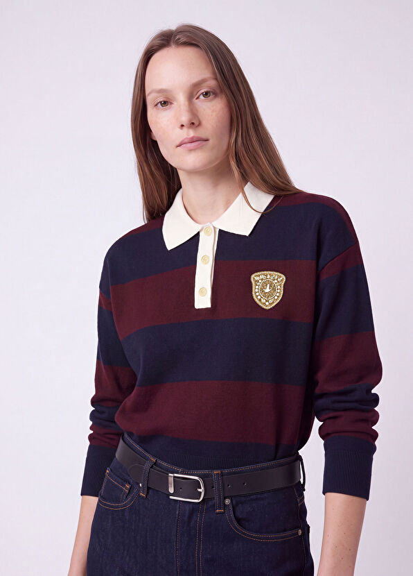 Beymen Club Burgundy Navy Blue Striped Polo Knitwear - 3