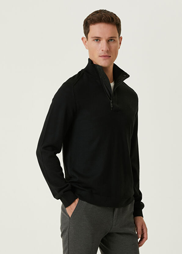 Beymen Club Siyah Yakası Fermuarlı Yün Kazak - 1