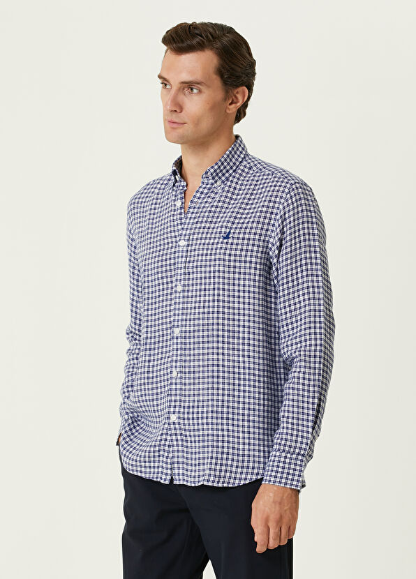 Beymen Club Comfort Fit Lacivert Kareli Keten Gömlek - 2