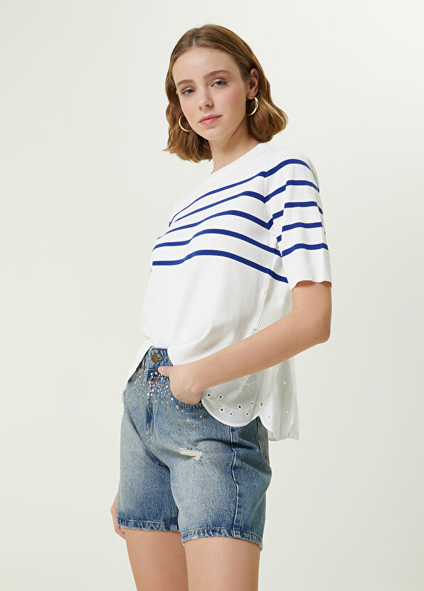 Beymen Club Beyaz Çizgili Eteği Delikli Garnili Kısa Kol Kazak - 1