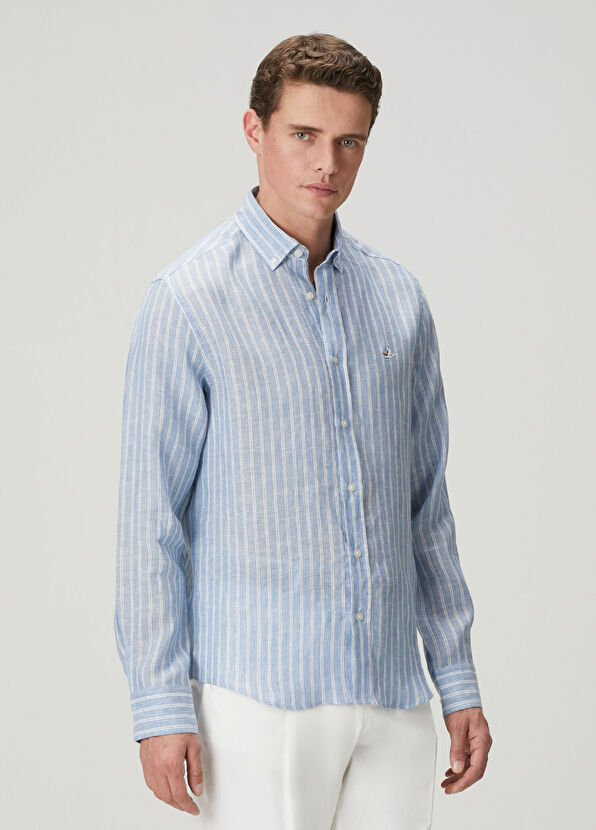 Beymen Club Comfort Fit Blue Stripe Patterned Linen Shirt - 4