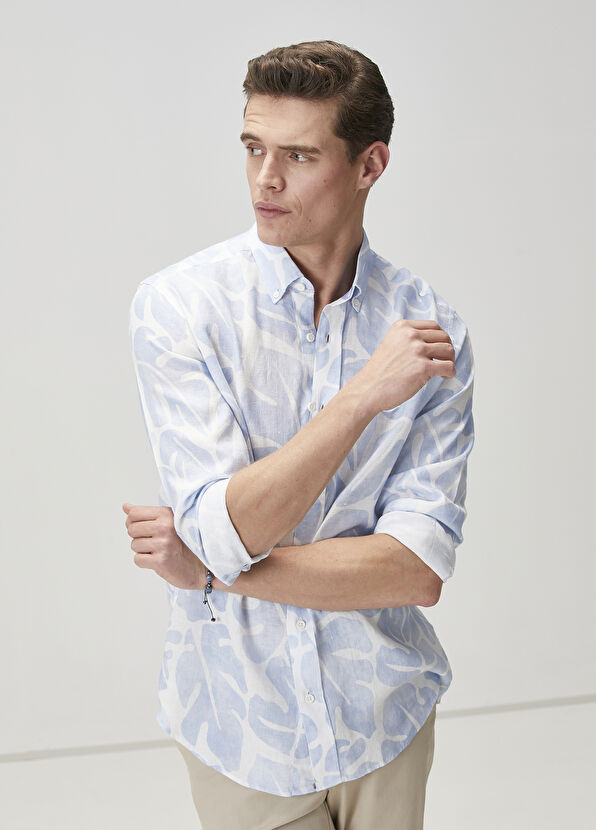 Beymen Club Blue White Leaf Printed Linen Shirt - 1