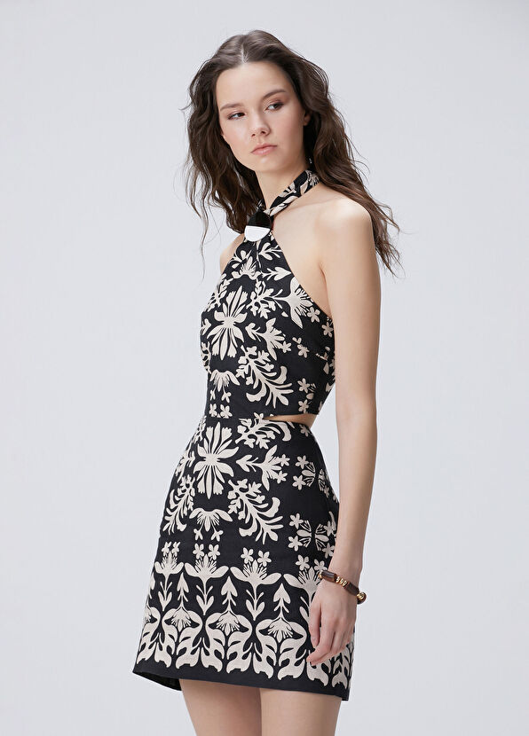 Network Siyah Beyaz Mini Keten Elbise - 1