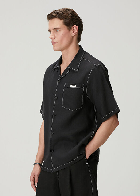 Beymen Club Siyah Oversize Fit Kısa Kollu Keten Gömlek - 4