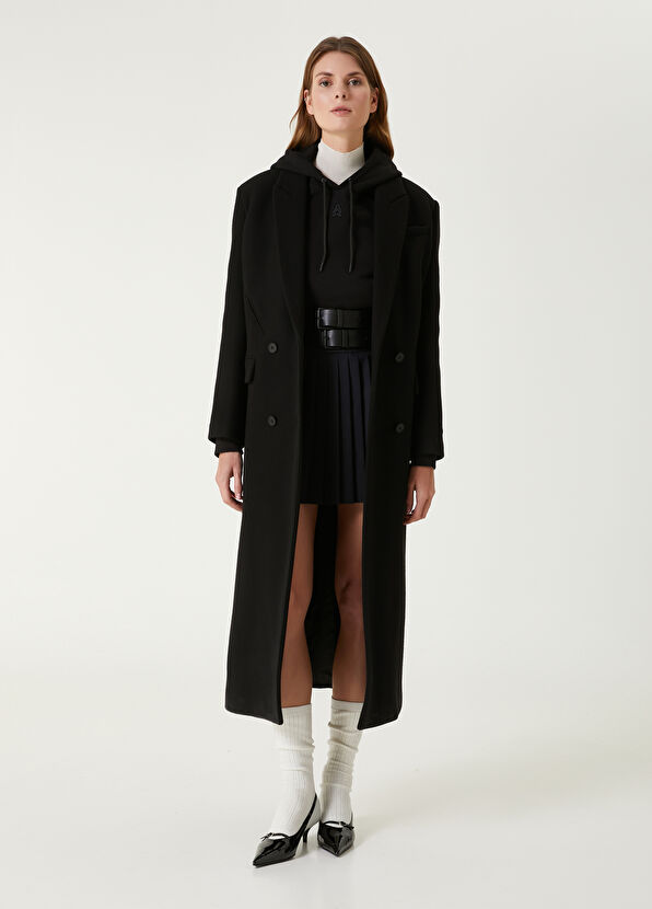 Oversized Siyah Kruvaze Yün Palto - Görsel 4