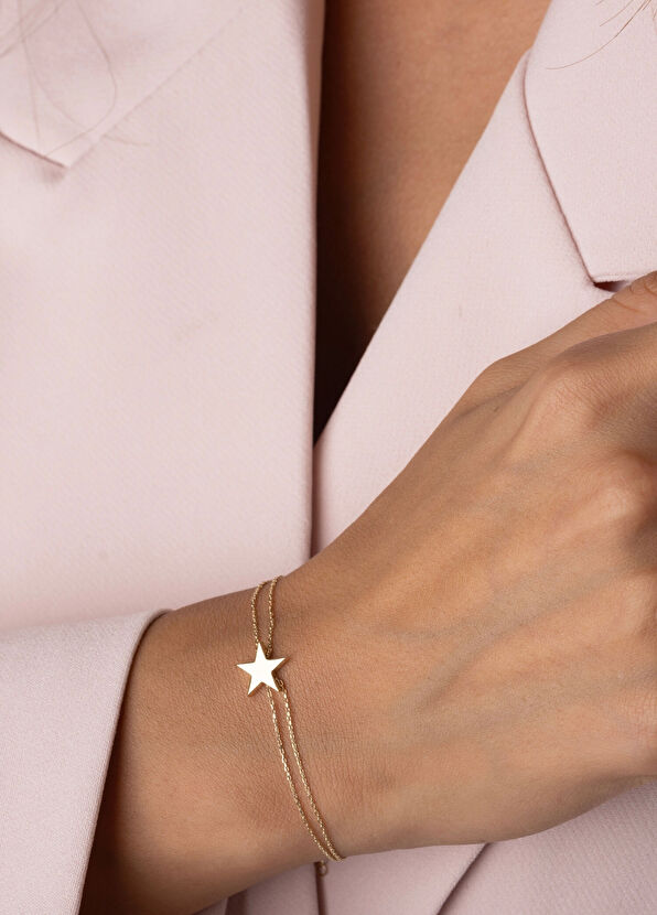 Safir Mücevher Yıldız Detaylı 14 Ayar Altın Zincir Kadın Bileklik - 4