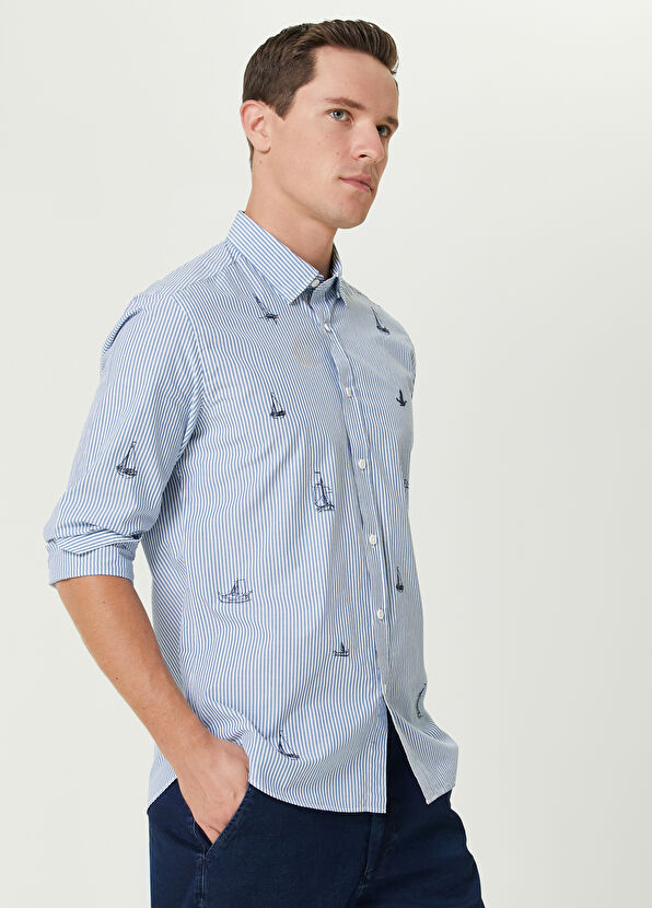 Beymen Club Slim Fit Blue Striped Embroidery Pattern Shirt - 2