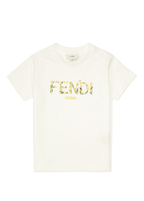 Fendi Beyaz Sarı Logo Baskılı Kız Çocuk T-shirt - 1