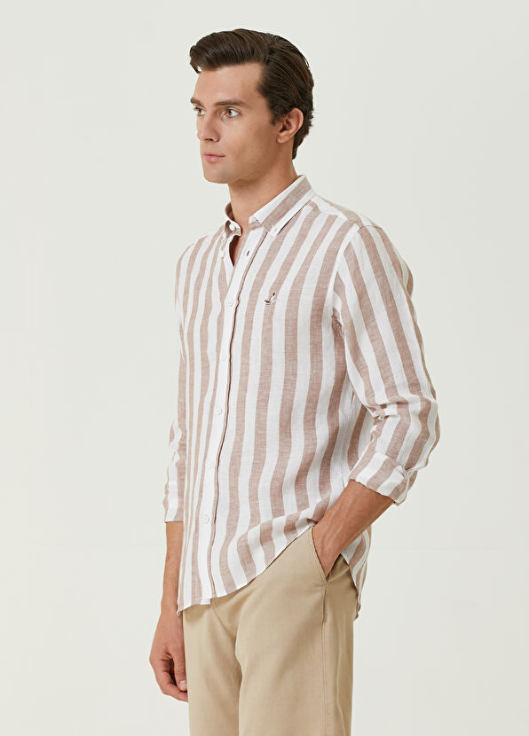 Beymen Club Comfort Fit Bej Dikey Çizgi Desenli Keten Gömlek - 4