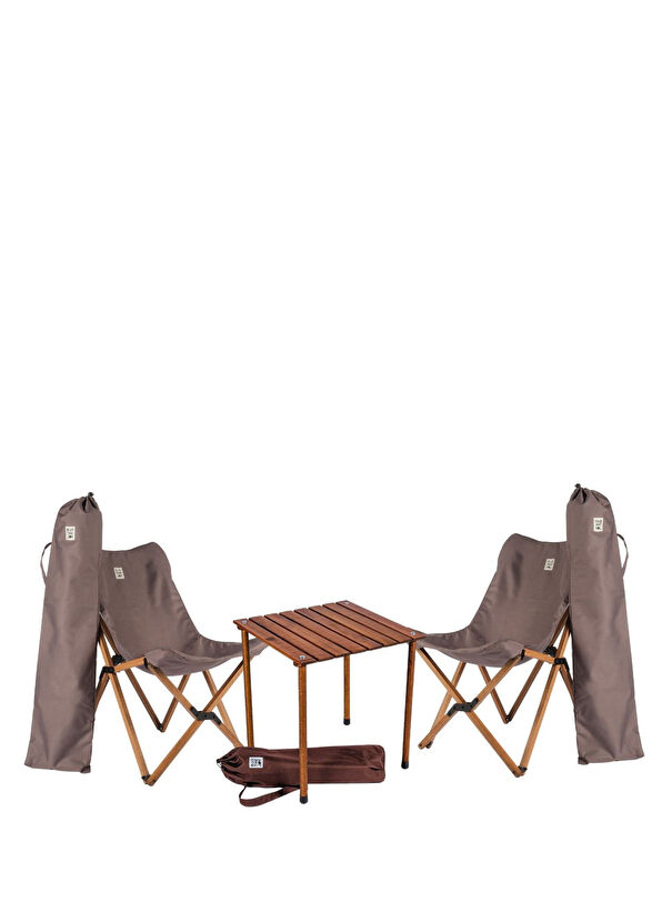 Bag The Joy Wooden Brown Dark Grey Folding Camping Table and Chair Set - 1